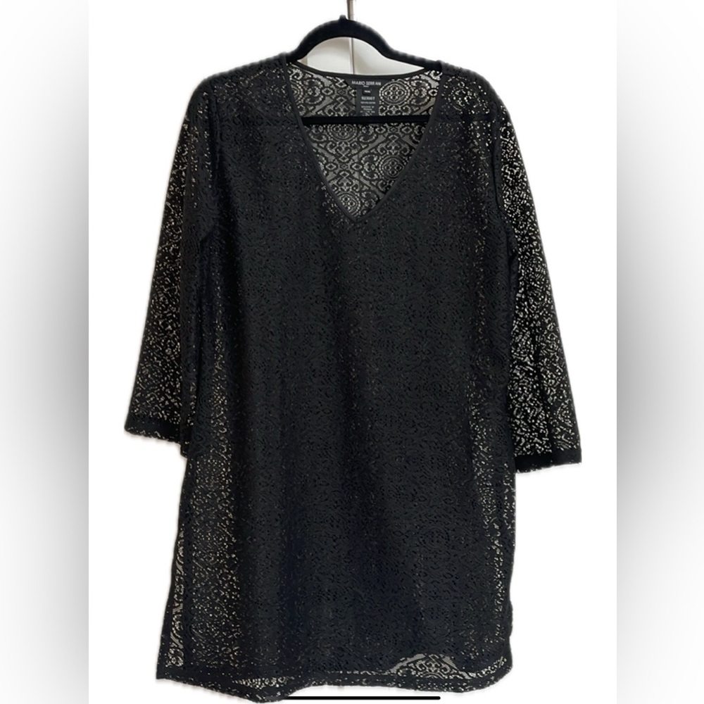 Mario Serrano Italy  Black Lacy Trimmed V Neck swimsuit cover-up.